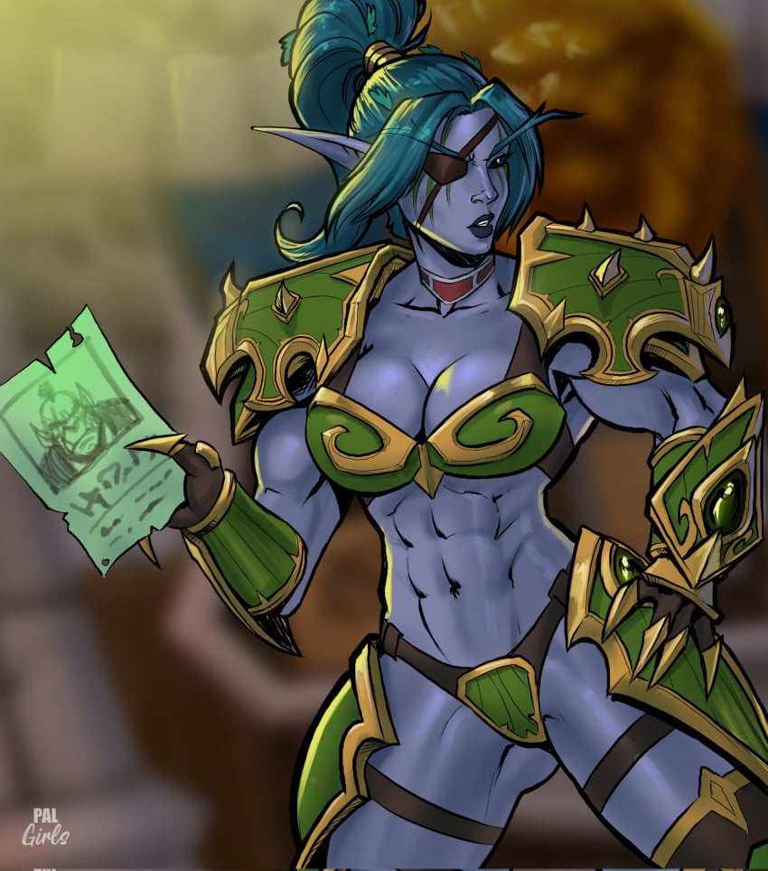 2d abs armor blurry_background bounty_poster catias cleavage collar elf elf_ears eyepatch female muscles night_elf pal_girls pointy_ears teal_hair world_of_warcraft