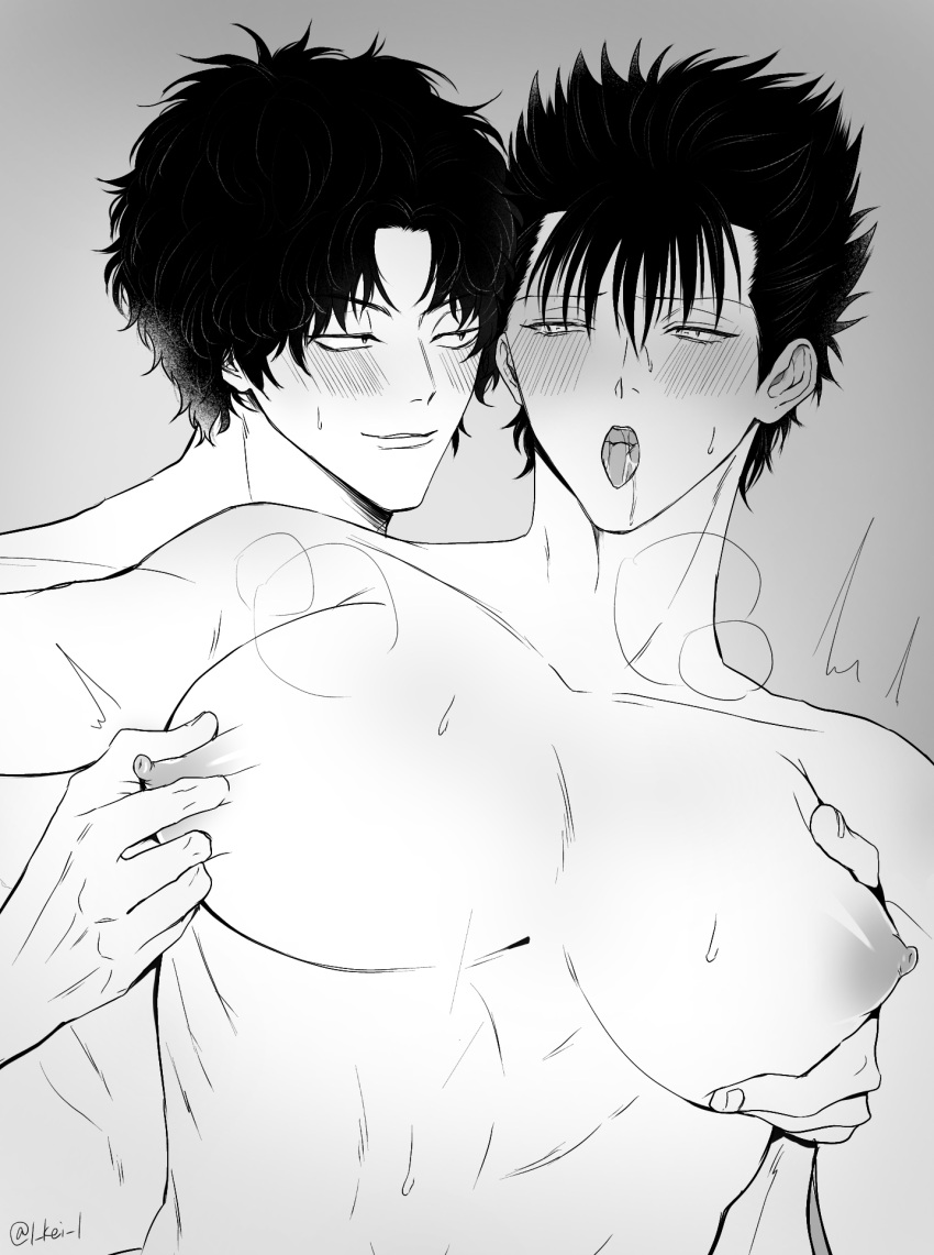 2boys big_pecs bishonen blush from_behind gay gintama groping kawakami_bansai l_kei_l looking_pleasured male male_focus male_only monochrome nipple_pinch nipple_tweak no_visible_genitalia open_mouth pec_grab pec_grasp pecs sakamoto_tatsuma smile sweat tongue_out topless topless_male upper_body yaoi