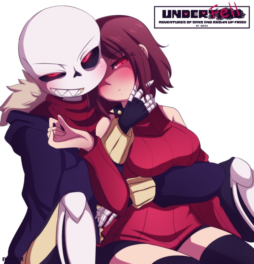 1boy 1girls 2d artist_request bare_shoulders brown_hair collar frisk glowing_eyes gold_tooth hotpants hug human human_female knee_up looking_at_viewer male nuvex red_eyes sans sitting skeleton smile spiked_collar spikes stockings sweater tagme underfell underfell_frisk underfell_sans undertale undertale_(series) undertale_au undertale_fanfiction