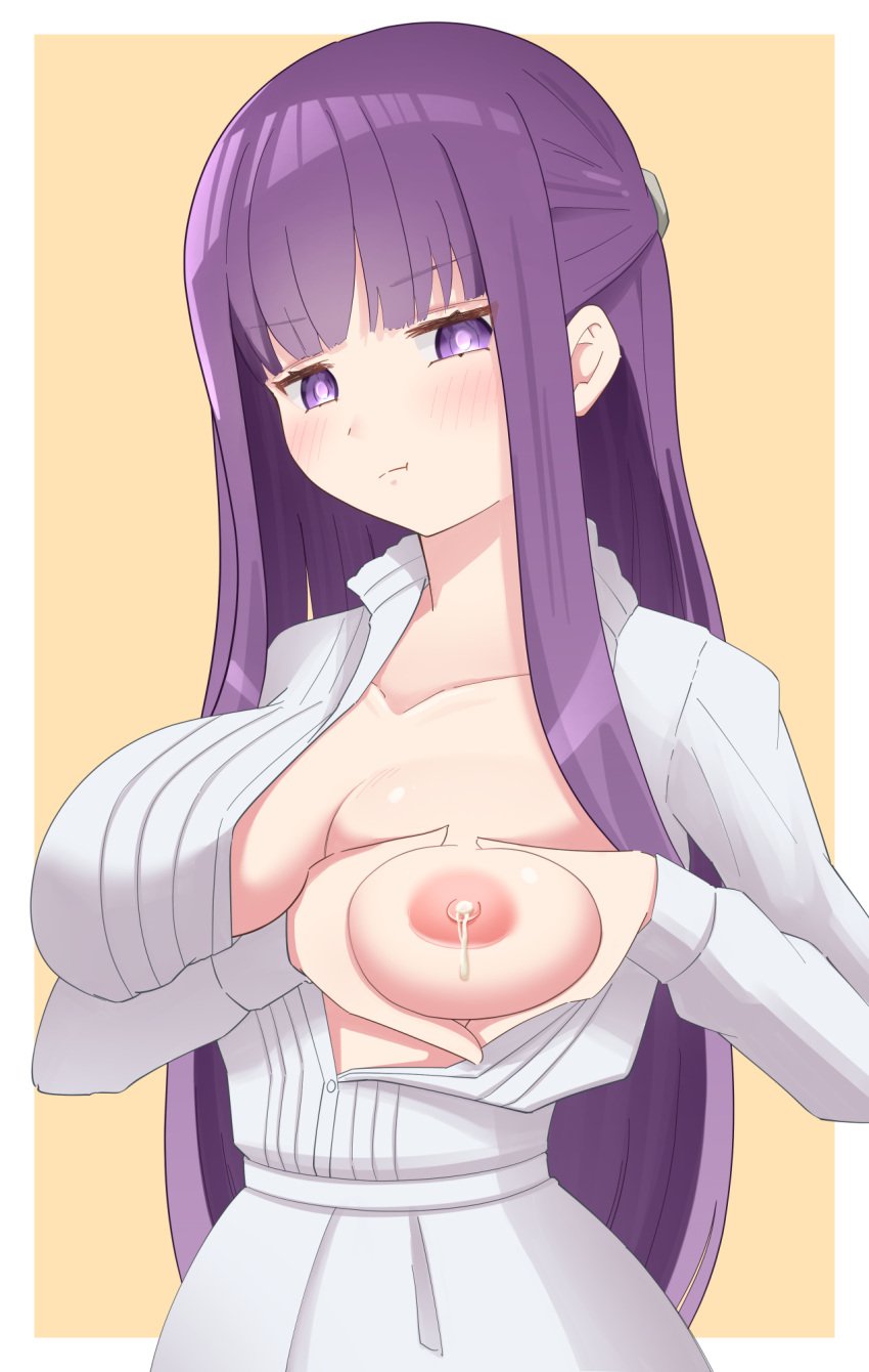 >:t 1girls areola blush blush blush_lines blushing_at_viewer breast_grab collarbone enigma_(artist) female female_focus female_only fern_(sousou_no_frieren) lactating lactation light-skinned_female light_skin looking_at_viewer nipple one_breast_out purple_eyes purple_hair solo solo_focus sousou_no_frieren squeezing_breast