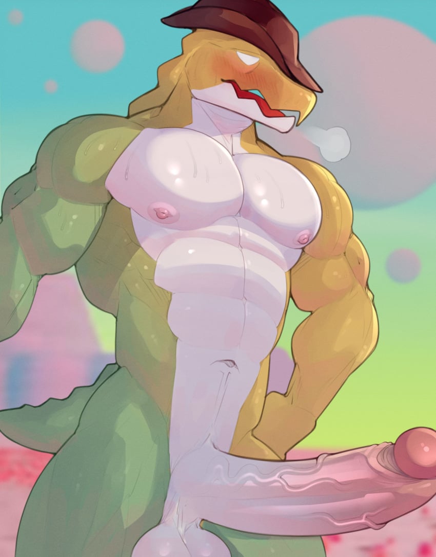 absurd_res anthro balls big_penis blush candy dessert deuzion food food_creature genitals gummigoo_(the_amazing_digital_circus) hi_res living_candy looking_pleasured male male_only muscular muscular_male penis scalie solo the_amazing_digital_circus