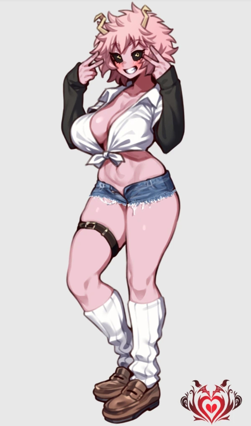 1girls ashido_mina black_sclera boku_no_hero_academia booty_shorts coffeelove68 loafers medium_res mina_ashido my_hero_academia pink_hair pink_skin short_shorts shorts socks solo solo_female solo_focus