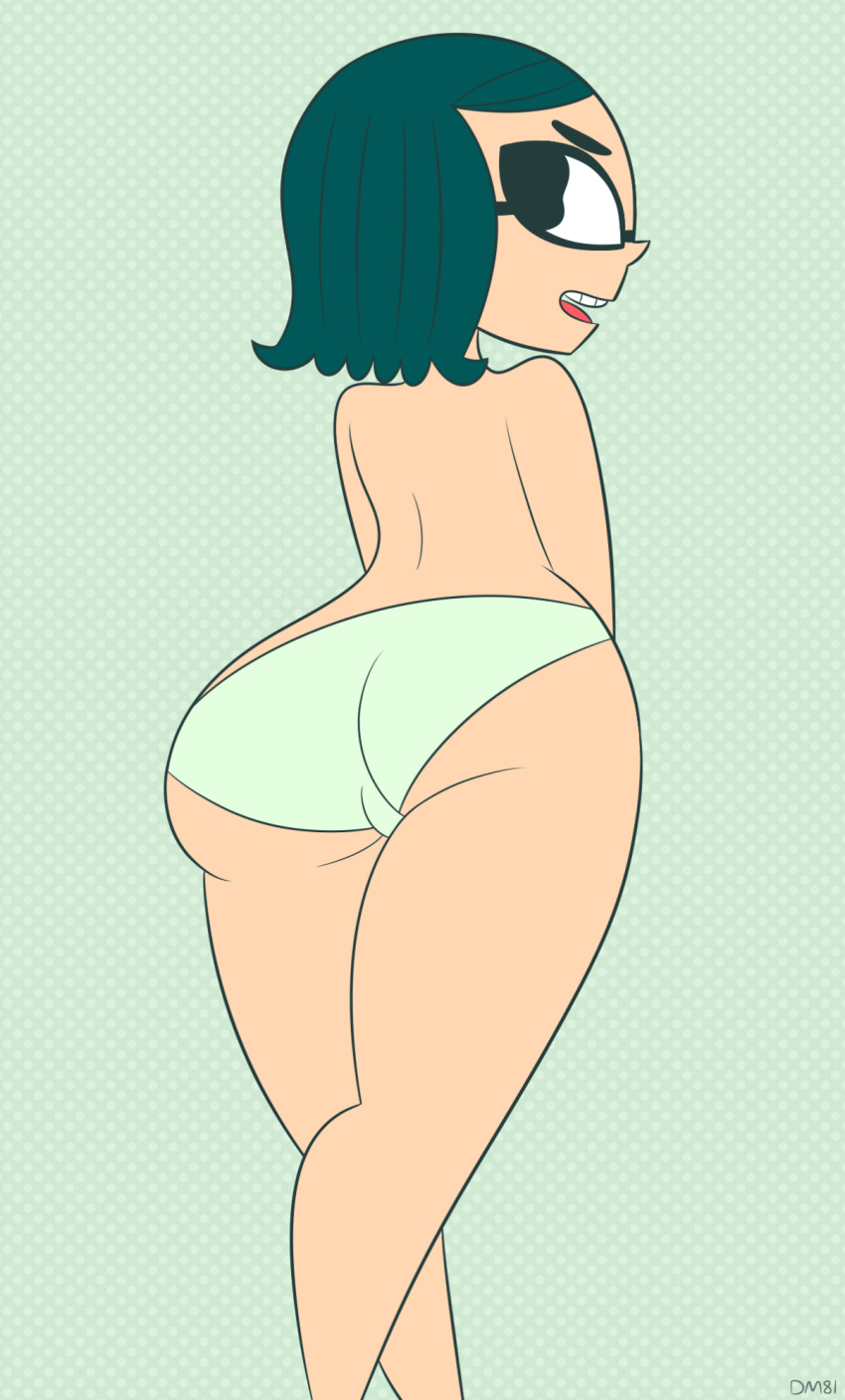 ass big_butt female glasses grojband light_green_background light_green_panties looking_at_viewer looking_back mina_beff officialdm open_mouth panties teal_hair