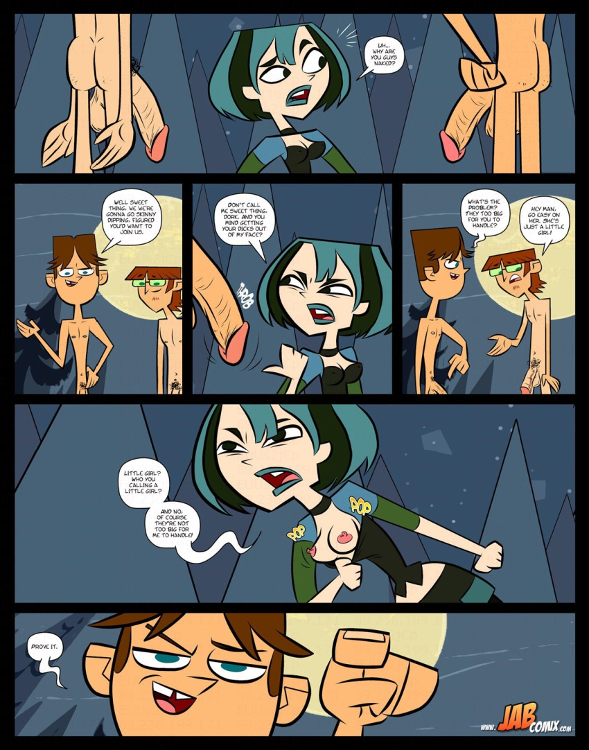 1girls 2boys blue_hair blue_lipstick breasts cleavage cody_(tdi) goth gwen_(tdi) harold_(tdi) jab nipples outdoors penis puberty pubic_hair rickfields straight threesome total_drama_island