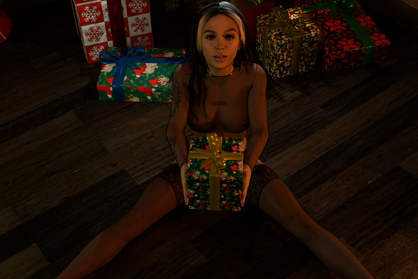 1girls 3d blender christmas_present cora_jade enigmaj female_focus female_only licking_lips looking_at_viewer nxt see-through_top sitting_on_floor tattoo wwe wwe_diva