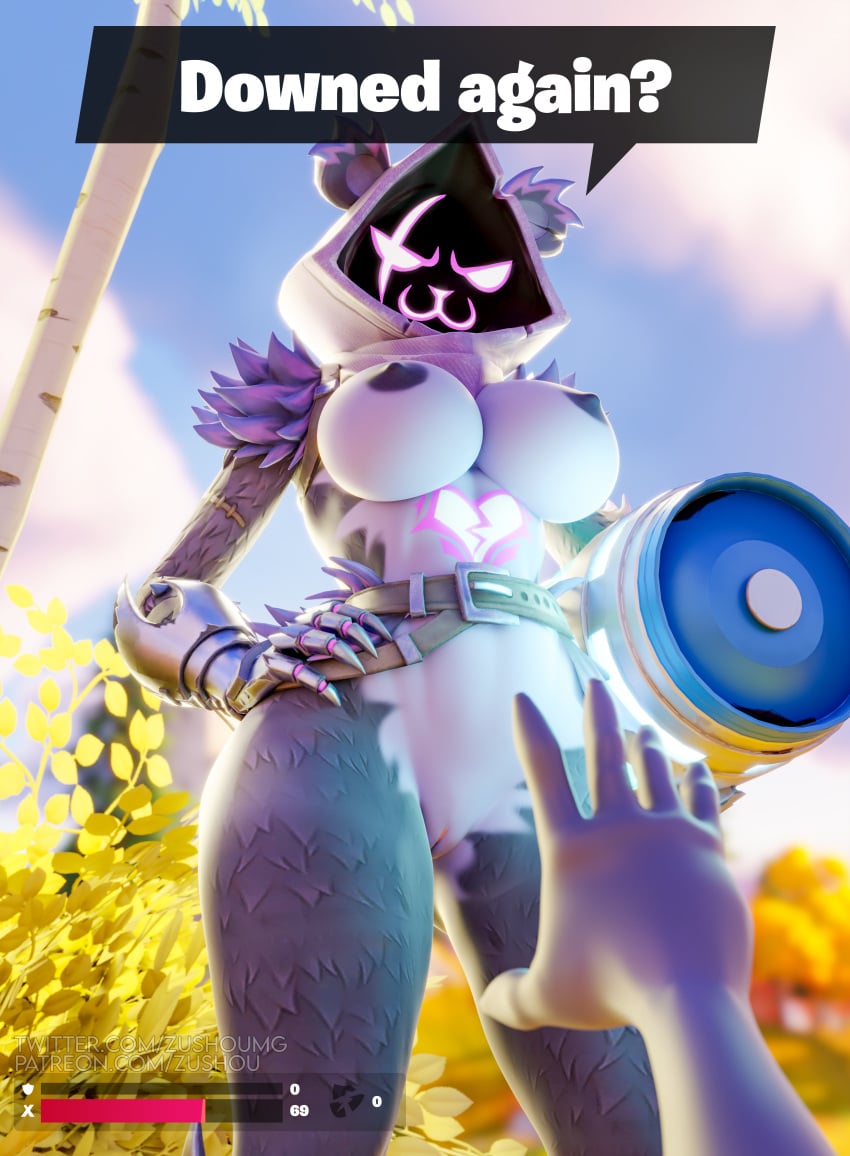 3d 3d_(artwork) :3 abs absurd_res ambiguous_gender anthro athletic bear belt big_breasts breasts chug_jug clothing digital_media_(artwork) duo epic_games female first_person_view fortnite fur genitals handwear hi_res looking_at_viewer looking_down looking_down_at_viewer mammal muscular purple_body purple_clothing purple_eyes purple_fur pussy raven_team_leader reaching reaching_out speech_bubble text thick_thighs watermark wide_hips zushou