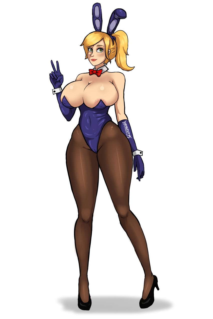 areola areola_slip areolae_slip big_ass big_breasts big_thighs blonde_female blonde_hair bonnie_(cosplay) bunny_ears bunnysuit clothed clothed_female cosplay five_nights_at_freddy's five_nights_at_freddy's:_security_breach full_body green_eyes heels high_heels legs looking_at_viewer mapachips nip_slip nipple_slip patreon peace_sign solo vanessa_(fnaf)