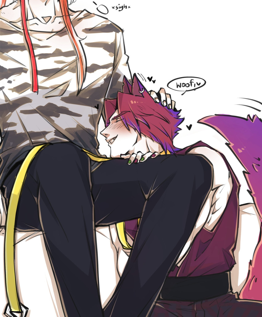 animal_ears animal_tail blush choker dialogue gay heartsteel_kayn heartsteel_series heartsteel_yone kayn league_of_legends looking_at_partner male male/male male_focus petplay pink_hair rhoi text unseen_male_face wolf_ears wolf_tail yaoi yone