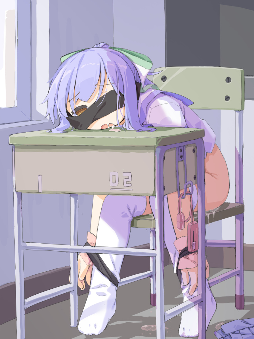 after_rape black_blindfold blindfold bottomless bound_to_chair brown_eyes chair classroom cum cumdrip desk egg_vibrator female hassai highres indoors open_mouth original purple_hair restrained school_chair school_desk sex_toy sitting solo thighhighs vibrator white_thighhighs