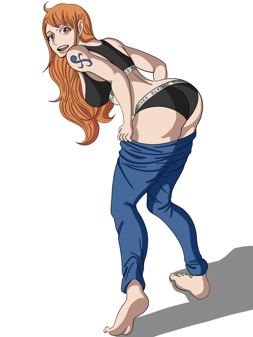 barefoot blacked blacked_clothing feet female female_only hemoglobin_56 jeans light-skinned_female nami one_piece orange_hair post-timeskip presenting_hindquarters pulling_down_pants solo solo_female solo_focus