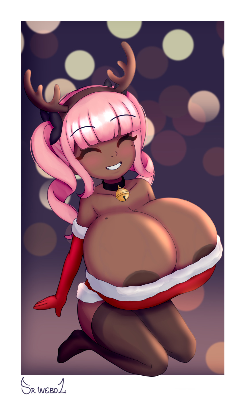 big_areola big_breasts blush christmas christmas_clothing christmas_headwear christmas_outfit dark-skinned_female dark_skin drill drill_hair mia_(sr.weboz) mole mole_on_breast mole_under_eye oppai_loli pink_eyes pink_hair smile smiling smiling_at_viewer sr.weboz twintails