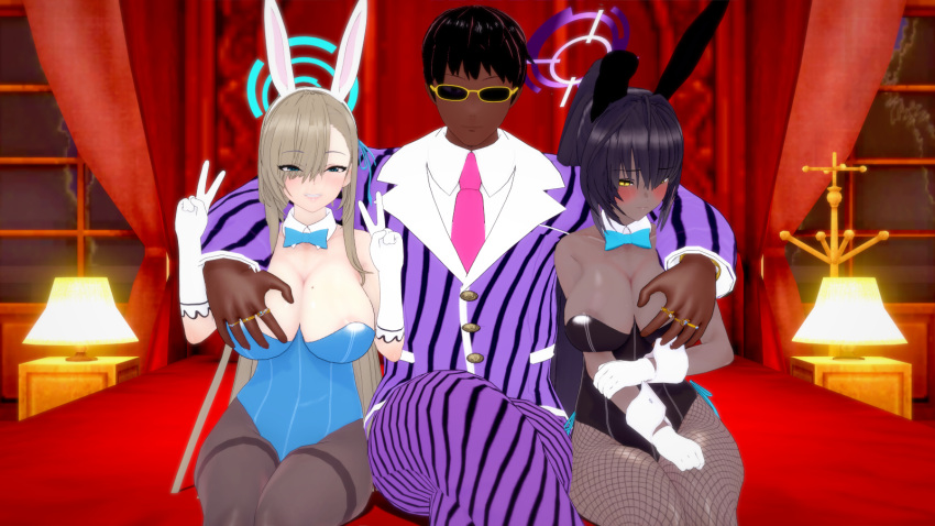 1boy 2girls 3d asuna_(blue_archive) asuna_(bunny)_(blue_archive) black_hair blonde_hair blue_archive blue_eyes blush breast_grab breasts bunnysuit cleaning_&_clearing_(blue_archive) cleavage dark-skinned_female dark-skinned_male dark_skin fake_animal_ears fake_rabbit_ears ffm_threesome gloves huge_breasts indoors karin_(blue_archive) karin_(bunny)_(blue_archive) koikatsu light-skinned_female light_skin millennium_science_school_student on_bed s-719 screen threesome tv white_gloves yellow_eyes