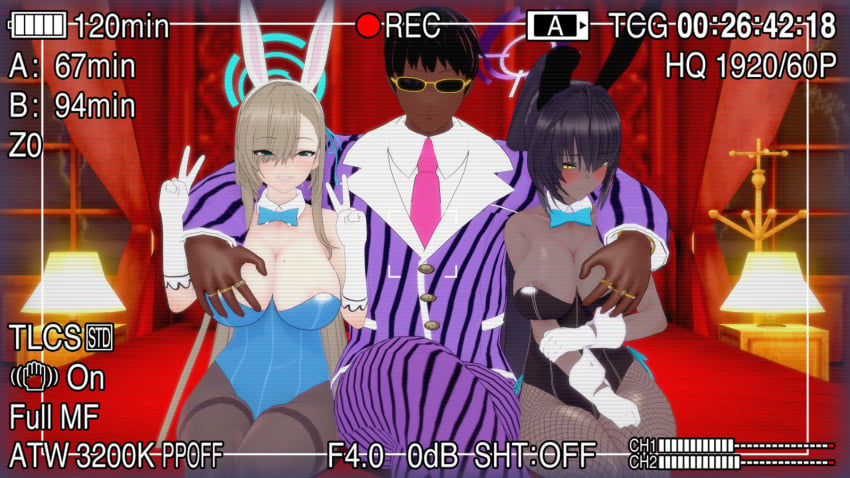 1boy 2girls 3d asuna_(blue_archive) asuna_(bunny)_(blue_archive) black_hair blonde_hair blue_archive blue_eyes blush breast_grab breasts bunnysuit cleaning_&_clearing_(blue_archive) cleavage dark-skinned_female dark-skinned_male dark_skin fake_animal_ears fake_rabbit_ears ffm_threesome gloves huge_breasts indoors karin_(blue_archive) karin_(bunny)_(blue_archive) koikatsu light-skinned_female light_skin millennium_science_school_student on_bed recording s-719 screen threesome tv white_gloves yellow_eyes