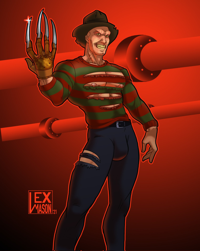 1boy 2021 a_nightmare_on_elm_street bara barazoku bulge clothing freddy_krueger gay lex_mason looking_at_viewer male male_focus male_nipples male_only manly muscular_male nipples ripped_clothing solo solo_male tight_clothing yaoi