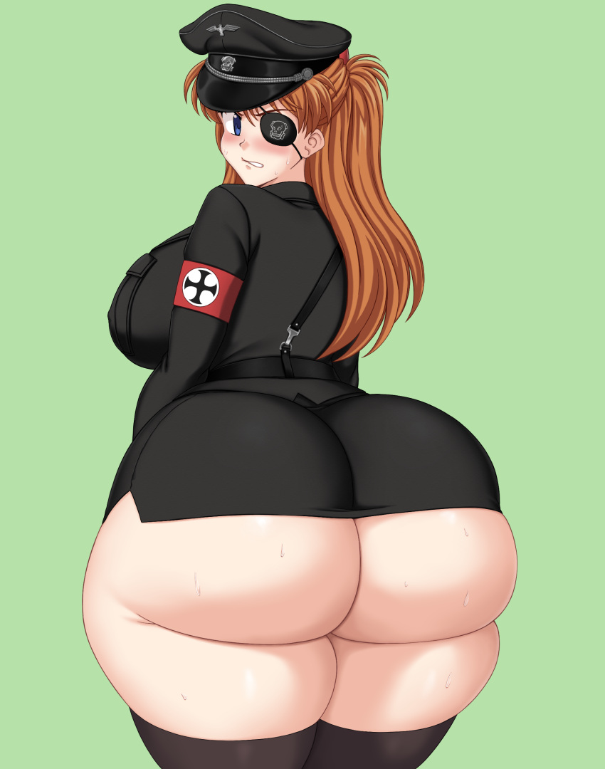 1girls abridged-satoko alternate_breast_size ass ass_bigger_than_head ass_focus asuka_langley_sohryu blue_eyes bottomless eyepatch fat_ass female female_only from_behind huge_ass long_socks military_uniform nazi nazi_uniform neon_genesis_evangelion red_hair socks solo thick_ass thick_thighs