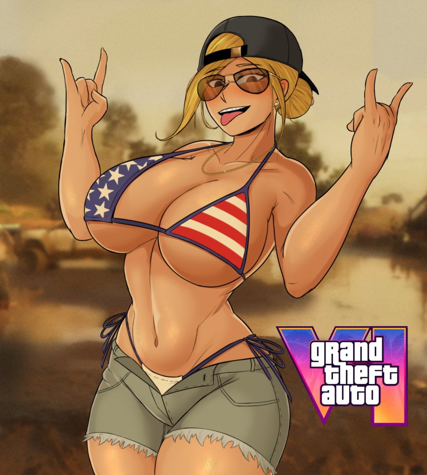 1girl 1girls 2020s 2023 adult adult_girl alternate_version_at_source american_flag_bikini background_character backwards_baseball_cap backwards_cap baseball_cap belly_button big_breasts bikini bikini_top black_headwear blonde_hair bottomwear breasts brown-tinted_eyewear busty cleavage clothed clothed_female clothes clothing cowboy_shot curvaceous curvy denim_shorts devil_horns_(gesture) escriba eyewear female front_view fully_clothed gesture good_artwork good_stuff grand_theft_auto grand_theft_auto_vi grey_bottomwear gta_pedestrians hair happy hat headwear hi_res human jean_shorts large_breasts legs_together light-skinned_female light_skin looking_at_viewer midriff mud_girl_(gta_vi) navel necklace npc open_mouth outdoors pose posing redneck redneck_girl strong_tomboy_(spectrum) sunglasses teeth thick_thighs thigh_gap thighs tinted_eyewear tomboy tongue tongue_out unnamed_character voluptuous wide_hips