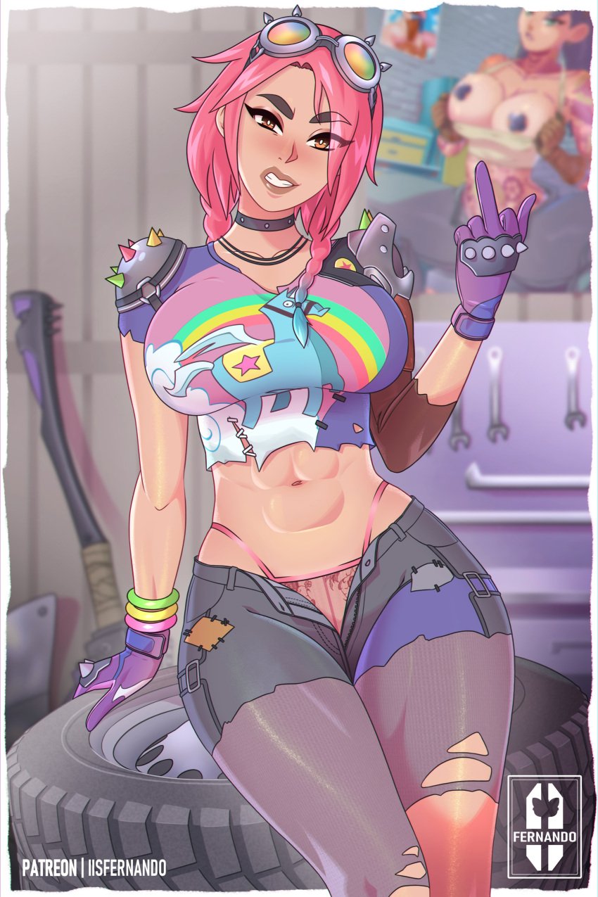 brite_bomber brite_raider choker curvy fortnite fortnite:_battle_royale iisfernado jules_(fortnite) looking_at_viewer middle_finger mostly_clothed pink_hair solo tagme