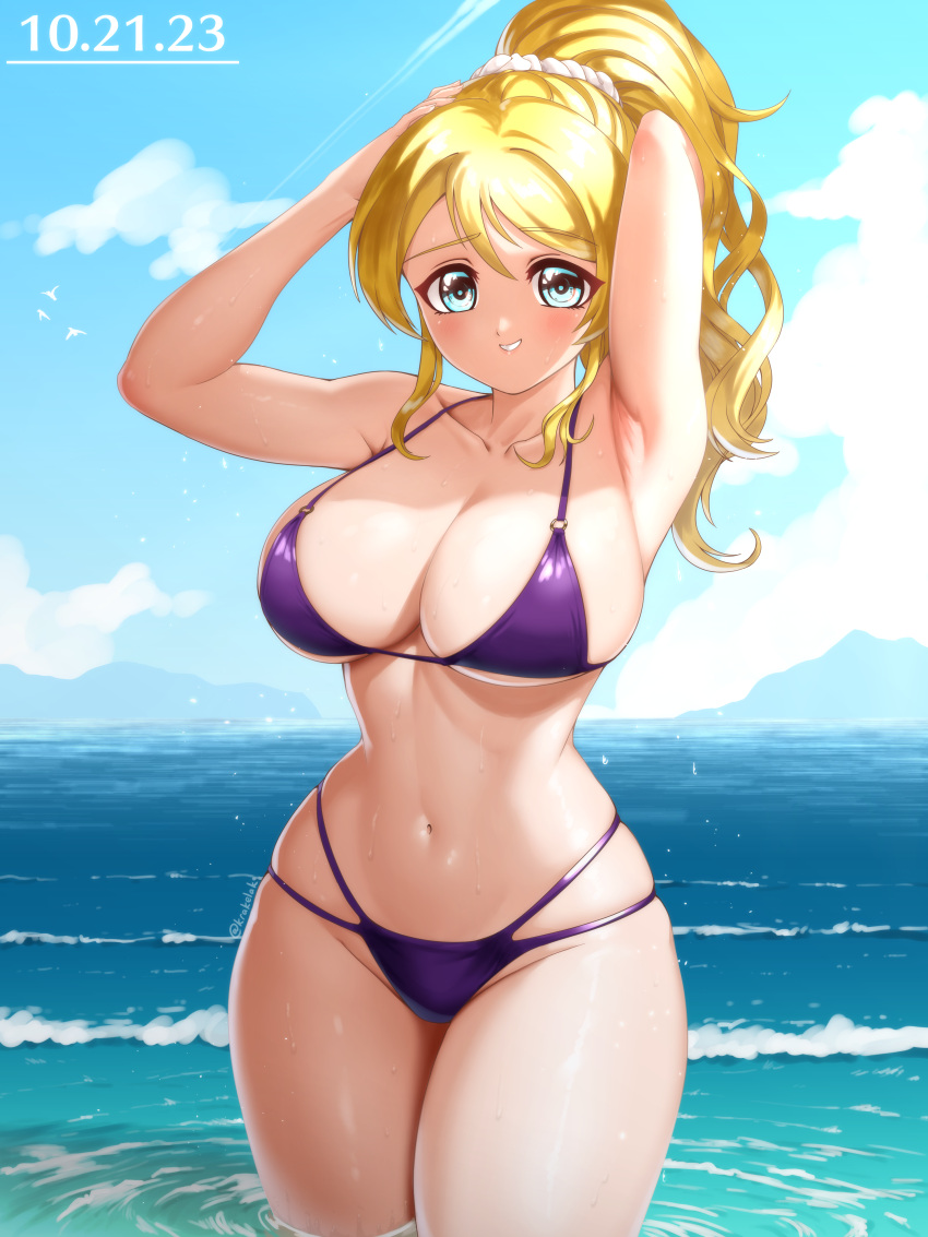 1girls arms_up ayase_eli bikini blush breasts cleavage curvy groin hands_on_head hourglass_figure krakelak large_breasts looking_at_viewer love_live! love_live!_school_idol_project navel outdoors purple_bikini skindentation sky smile standing thighs thin_waist tight_clothing water waves wet wide_hips