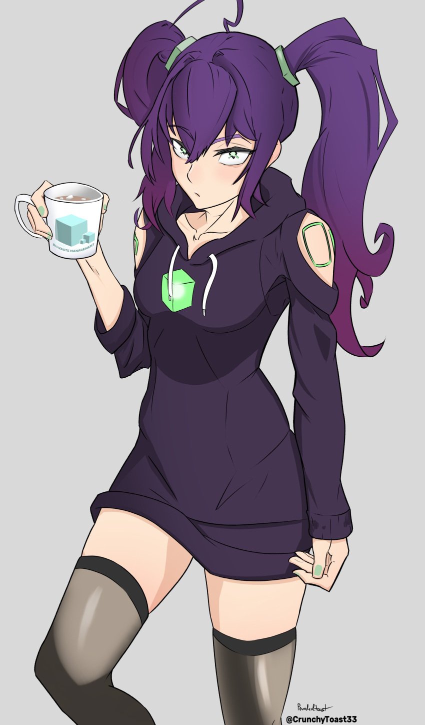 1robot_humanoid_girl coffee_cup coffee_mug crunchy_toast_33 fan_art green_eyes green_nails ic0n internecion_cube purple_hair small_breasts solo tattoo twintails watermark weird_eyes white_background