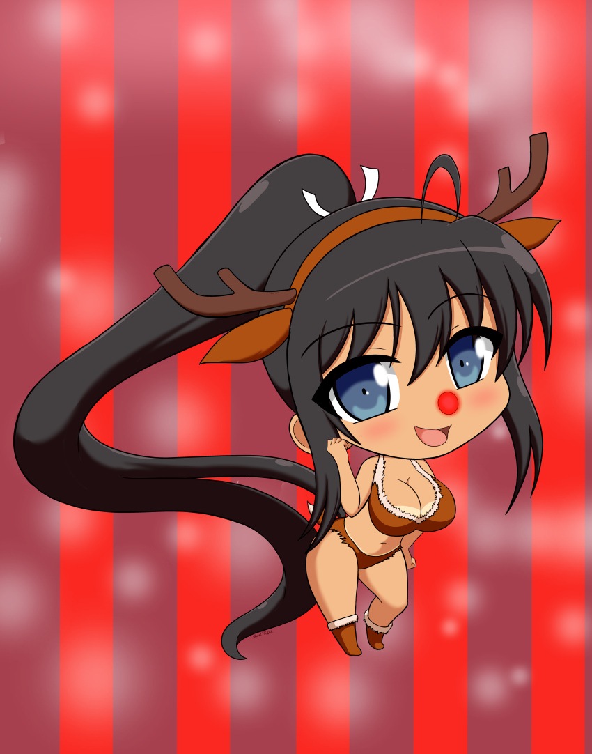 abstract_background black_hair blue_eyes blush chibi christmas eyebrows_visible_through_hair homura_(senran_kagura) lingerie looking_at_viewer open_mouth ponytail reindeer_antlers reindeer_costume senran_kagura smile soulkibble tan_body tanline