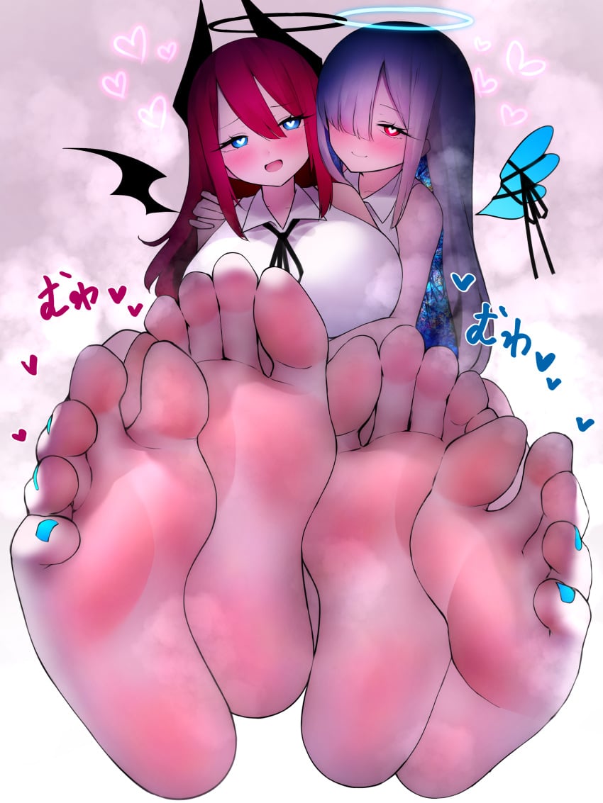 2girls angel angel_and_devil angel_wings aroused_smile blue_eyes blue_hair blue_toenails demon demon_girl demon_horns feet foot_fetish full-face_blush fully_clothed greek_toe heart heart-shaped_pupils horny horny_female huge_breasts japanese_text lesbian looking_at_each_other painted_toenails red_and_blue red_eyes red_toenails small_breasts soles steamy_feet sweaty_feet text toenail_polish toes w_(w64851564) yuri