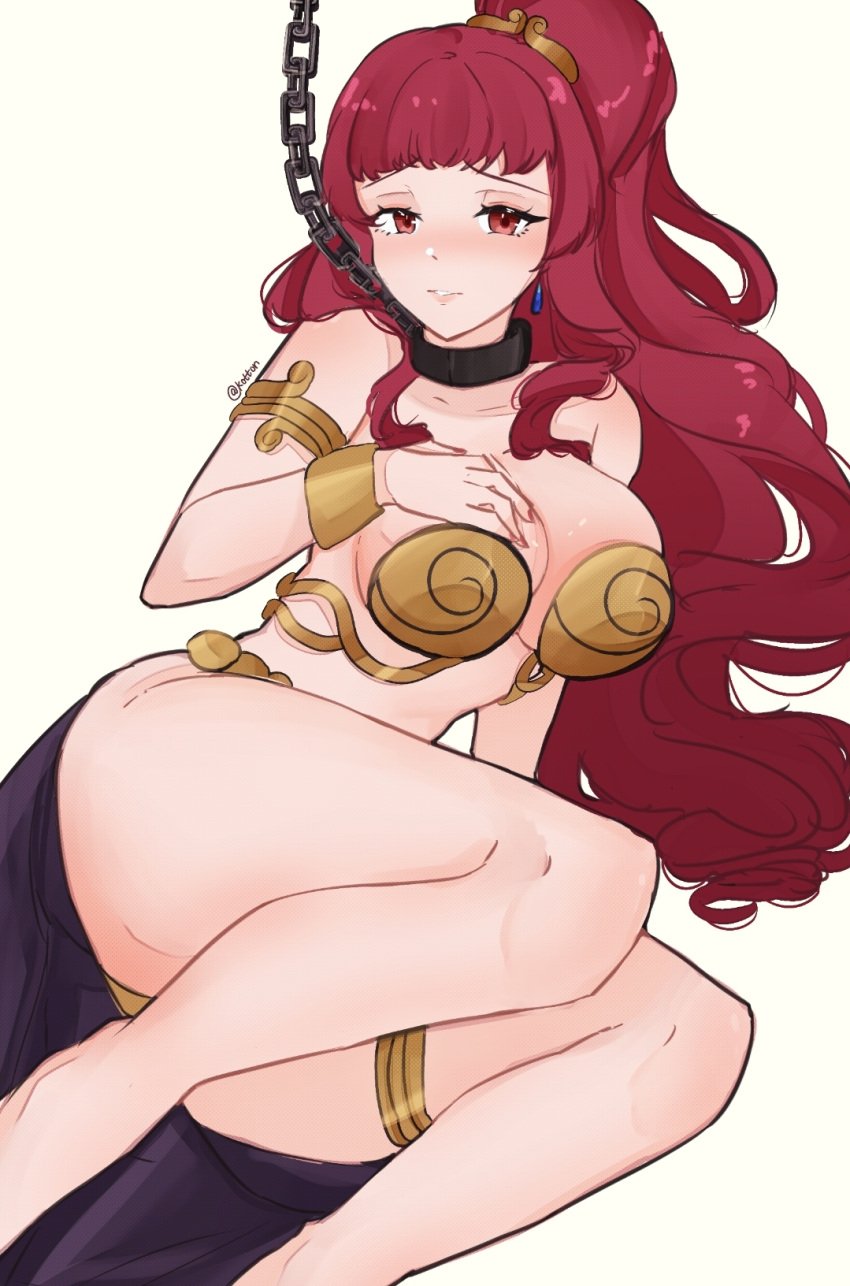 1girls alternate_hairstyle blush bondage chains collar collar_and_leash female female_only femsub fire_emblem fire_emblem_engage leash nintendo ponytail restrained serafineart1001 slave slave_bikini slave_collar slave_leia_(cosplay) slave_outfit slavegirl solo source_request thighs yunaka_(fire_emblem)