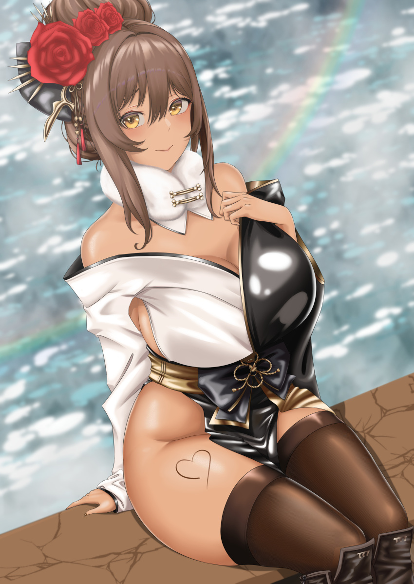 1girls absurdres bare_shoulders black_thighhighs breasts brown_hair cleavage dark-skinned_female dark_skin detached_collar female female_only flower goddess_of_victory:_nikke hair_flower hair_ornament highres japanese_clothes kimono large_breasts noir_(black_rabbit)_(nikke) noir_(nikke) off_shoulder official_alternate_costume orange_eyes rainbow ramiki ramiki_(ramesgoag) red_flower sitting smile solo thighhighs