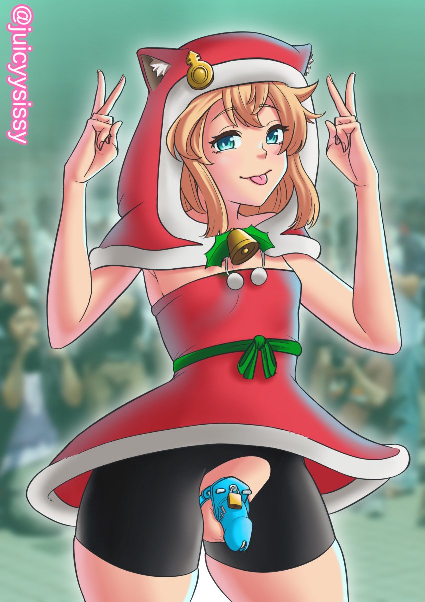 androgyne_symbol androgynous armpits art blonde_hair bridget caged_cock chastity chastity_cage chastity_device christmas christmas_clothing christmas_outfit crotchless flashing flat_chest girly guilty_gear guilty_gear_strive gym_shorts hoodie juicyysissy_(artist) mistletoe otoko_no_ko small_penis spats teenager