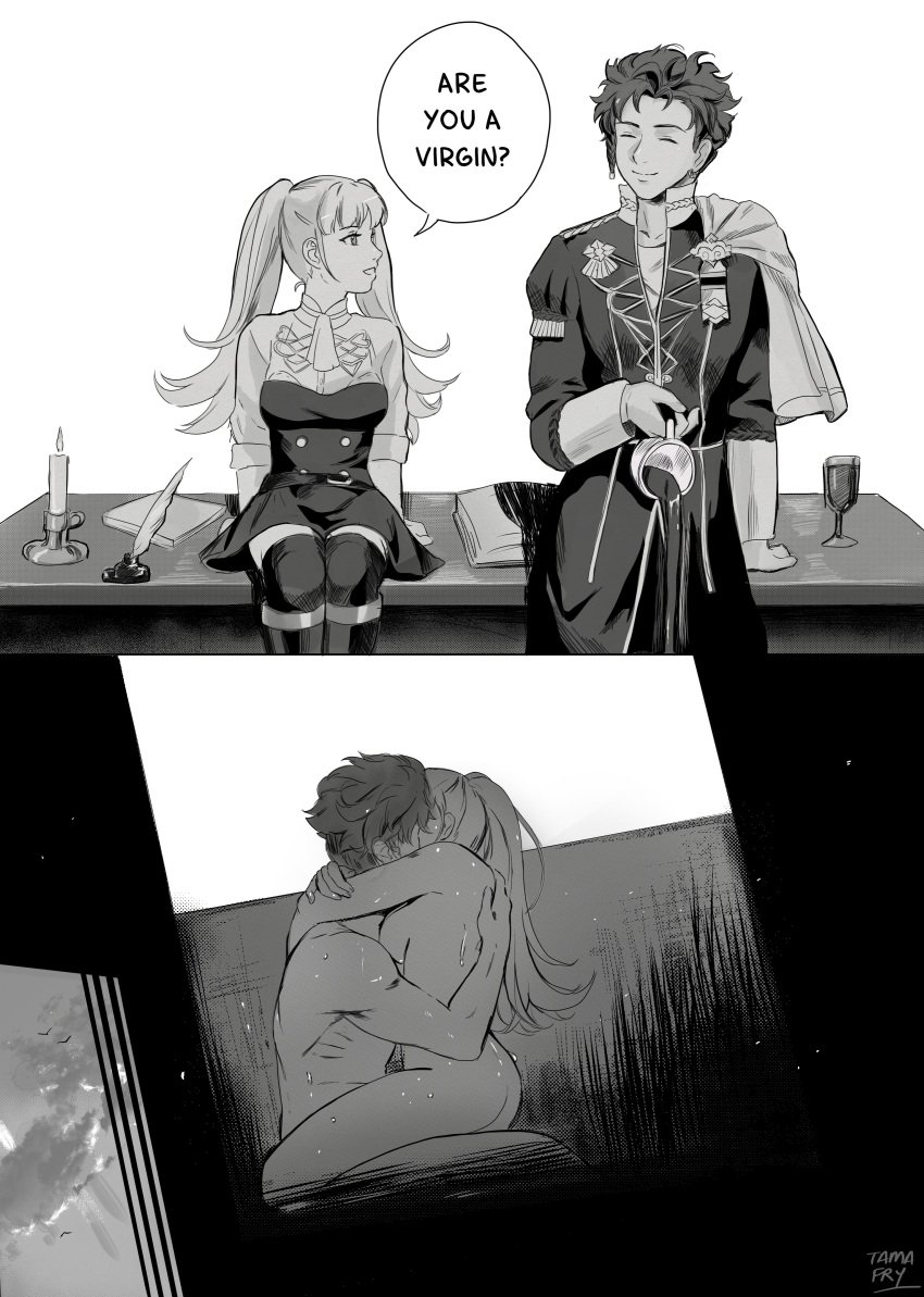 1boy 1girls 2koma absurdres ass big_ass breasts cape claude_von_riegan coffee coffee_cup comic completely_nude cup dark-skinned_male dark_skin disposable_cup earrings english_text female fire_emblem fire_emblem:_three_houses garreg_mach_monastery_uniform greyscale highres hilda_valentine_goneril interracial jewelry kiss kissing kissing_while_penetrated male medium_breasts nintendo nude nude_female nude_male school_uniform schoolgirl sex short_hair tamafry text tokyo_ghoul twintails