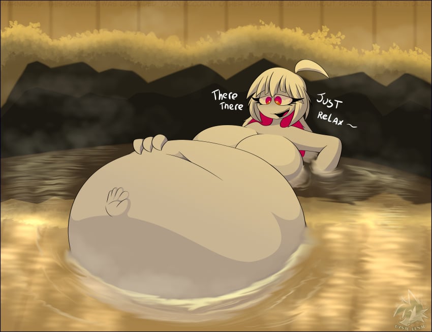 1girls ambiguous_prey belly big_belly big_breasts breasts female female_pred fnf_entity friday_night_funkin hand_imprint hot_spring huge_belly large_belly nikusa_(sugarratio) relaxing stomach_bulge vore vore_belly white_body white_skin