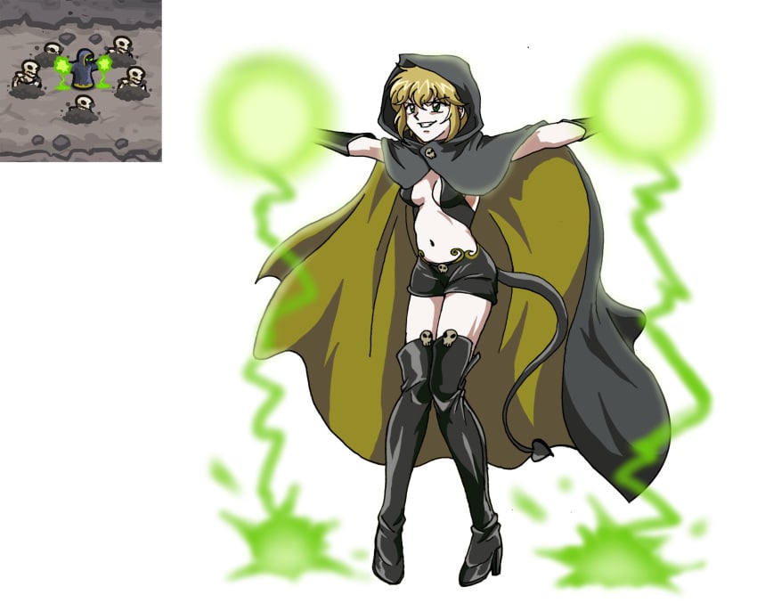 1girls blonde_hair cloak dark_magic demon_tail elbow_gloves electricity exposed_belly fake_tail green_eyes high_heels hooded_cloak ironhide_game_studio kingdom_rush magic navel necromancer necromancer_(kingdom_rush) simple_background skeleton skull