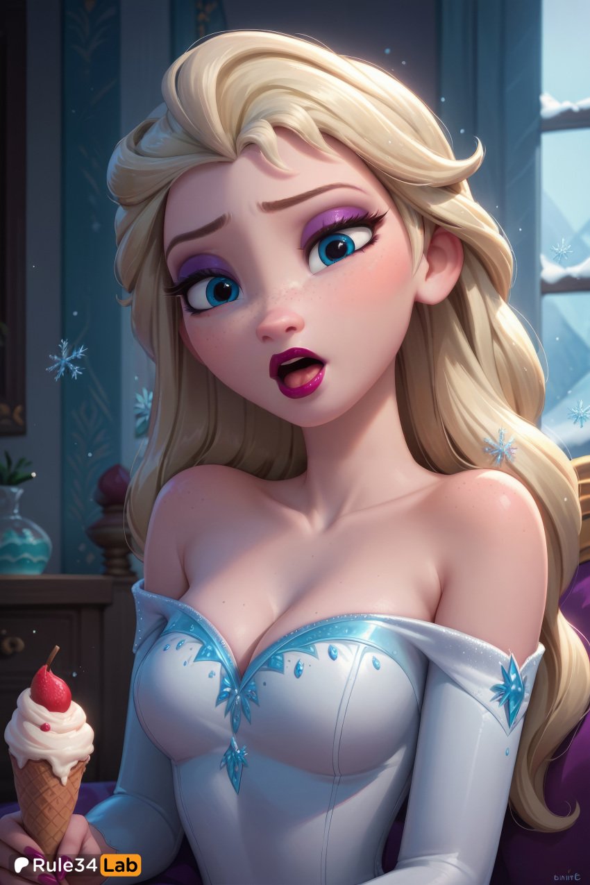 ai_generated artist_name bare_shoulders blonde_hair blue_eyes breasts cleavage collarbone disney_princess dress elsa_(frozen) eyeshadow female food freckles frozen_(film) frozen_2 hair_ornament hi_res holding ice_cream ice_cream_cone indoors lipstick long_hair looking_at_viewer makeup medium_breasts off_shoulder open_mouth patreon_username purple_eyeshadow red_lips rule34lab snowflake_hair_ornament snowflakes solo tongue upper_body web_address window