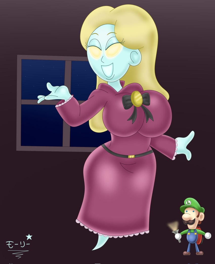 1boy 1girls alternate_version_available areolae big_breasts blue_body breasts clothed female full_body ghost ghost_girl ghost_tail luigi luigi's_mansion male mario_(series) melody_pianissima nintendo nipples open_mouth open_smile pussy smile superstarplasma