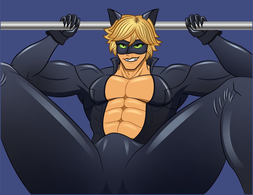 abs adrien_agreste blonde_hair bulge catboy chat_noir gay green_eyes latex male_focus male_only miraculous_ladybug muscular muscular_male pectorals rub_lug