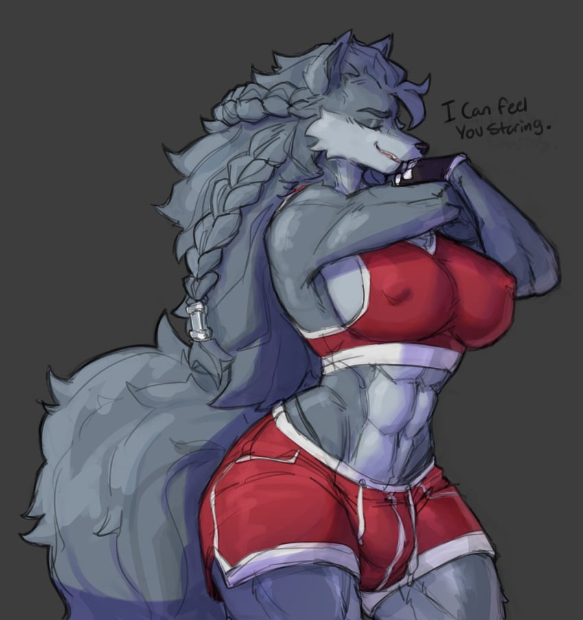 abs absurd_res anthro balls_outline big_breasts braided_hair breasts bryn_(sageofaether) bulge canid canine canis closed_eyes clothed clothing detailed_bulge female fur futanari genital_outline grey_body grey_fur gynomorph hair hi_res intersex mammal muscular muscular_anthro muscular_futanari muscular_gynomorph muscular_intersex nipple_outline penis_outline s_miles_art solo tail thick_thighs topwear wolf