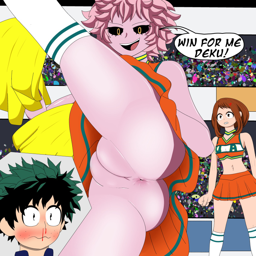 1boy 2girls anger_symbol anus ashido_mina big_thighs black_sclera blood_from_nose blush boku_no_hero_academia brown_eyes brown_hair cheerleader female flashing green_eyes green_hair imminent_creampie imminent_impregnation imminent_sex imminent_vaginal izuku_midoriya light-skinned_female light-skinned_male male midoriya_izuku mina_ashido my_hero_academia no_panties ochako_uraraka pink_body pink_hair pink_skin pussy skirt thighs u.a._cheerleader_outfit uraraka_ochako wallyroo yellow_eyes