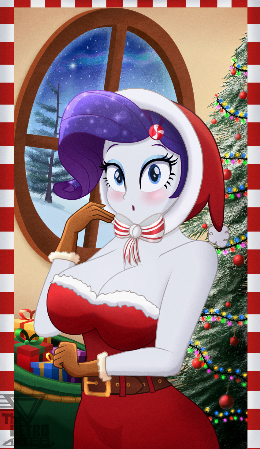 1girls big_breasts blush breasts christmas christmas_lights christmas_tree cleavage equestria_girls female female_only friendship_is_magic hasbro hat hi_res highres looking_at_viewer my_little_pony rarity_(eg) rarity_(mlp) santa_costume santa_hat santa_sack solo solo_female theretroart88