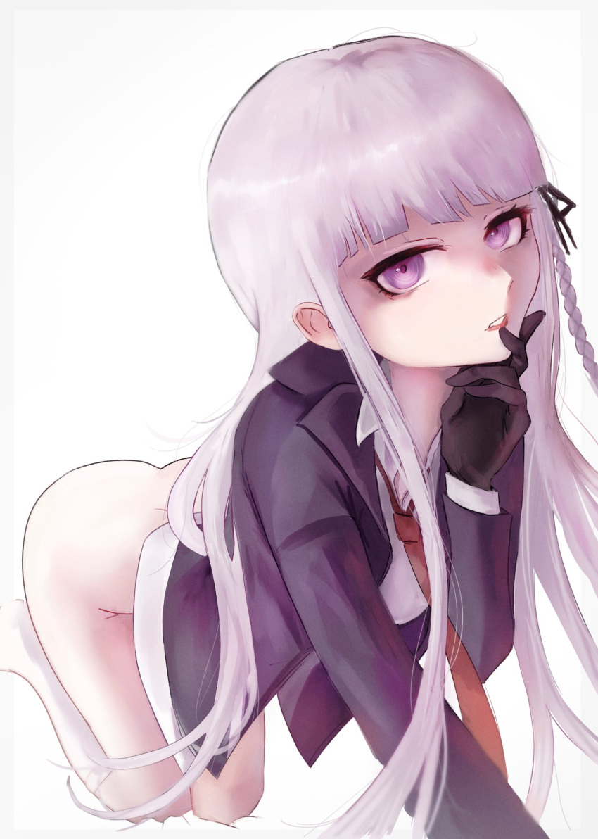 1girls black_gloves danganronpa danganronpa:_trigger_happy_havoc female female_only kirigiri_kyouko n7grey no_pants purple_eyes purple_hair solo white_socks