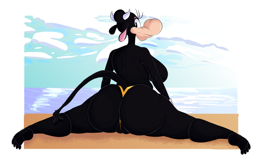 anthro anthro_only ass beach big_butt bikini_thong boolishclara bovid bovine breasts cattle clarabelle_cow clothing disney female genitals hi_res mammal pussy seaside spread_legs spreading swimwear