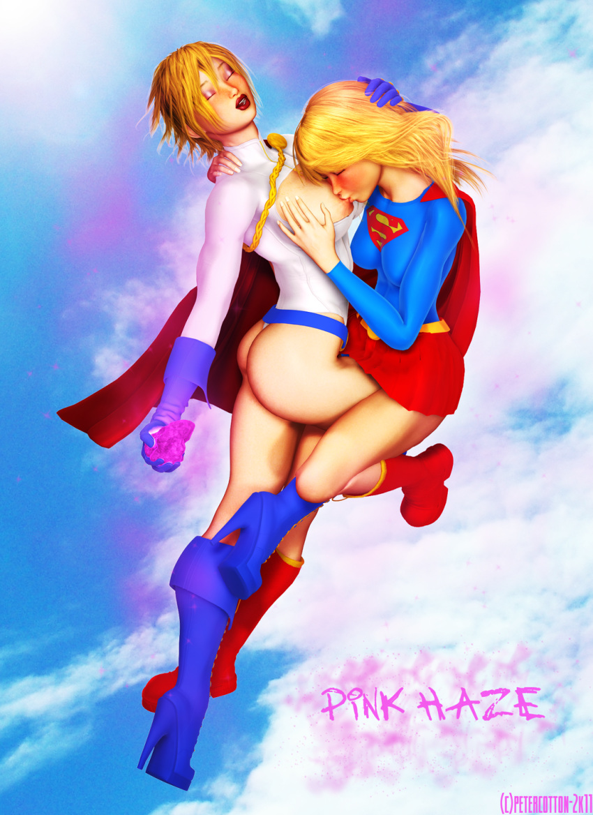 2girls 3d dc eyeshadow female kara_danvers kara_zor-el kara_zor-l karen_starr kryptonite lipstick makeup multiple_girls nipples petercotton pink_kryptonite power_girl selfcest supergirl yuri