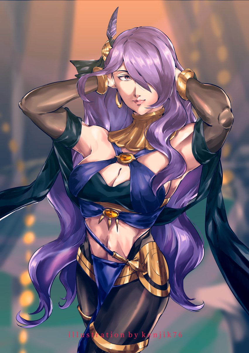 1girls alternate_costume armlet artist_name bare_shoulders bodystocking bracelet breasts bridal_legwear camilla_(fire_emblem) circlet cleavage cosplay cover cowboy_shot criss-cross_halter dancer dorothea_arnault dorothea_arnault_(cosplay) dorothea_arnault_(plegian) dorothea_arnault_(plegian)_(cosplay) earrings female female female_only fire_emblem fire_emblem:_three_houses fire_emblem_fates fire_emblem_heroes hair_over_one_eye halterneck harem_outfit highres jewelry kenjik76 kenjik76 large_breasts lips long_hair looking_at_viewer mature_female midriff navel necklace nintendo pantyhose pelvic_curtain plegian purple_eyes purple_hair simple_background smile solo thigh_ring thighlet tiara very_long_hair wavy_hair