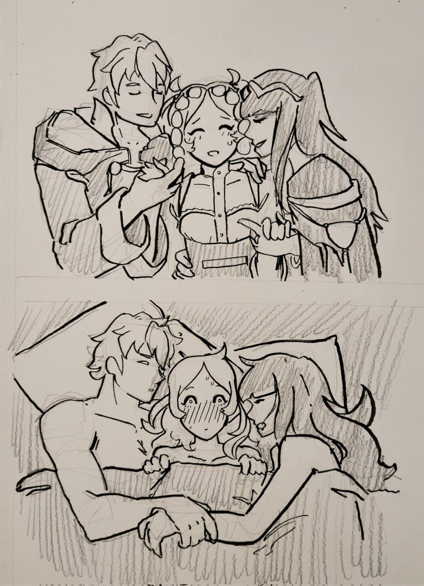 1boy 2girls 2koma alternate_hairstyle bisexual bisexual_female blush breasts clericknight closed_eyes cuddling embarrassed fire_emblem fire_emblem_awakening group_sleeping hair_down holding_hands lissa_(fire_emblem) long_hair medium_hair multiple_girls nintendo nude nude_female nude_male open_mouth robin_(fire_emblem) robin_(fire_emblem)_(male) short_hair sleeping small_breasts smile tharja_(fire_emblem) twintails