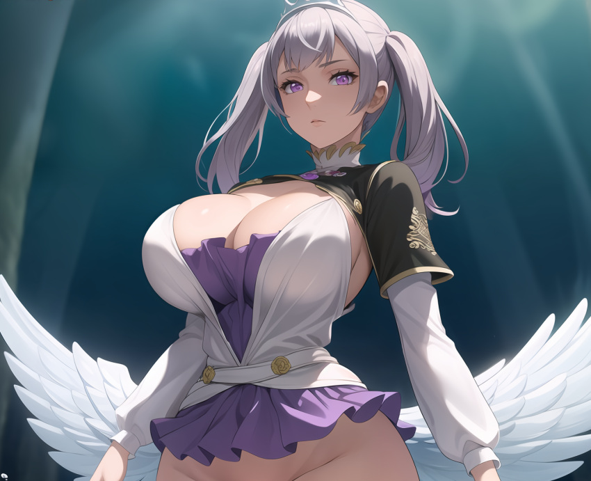 1girls ai_generated big_breasts black_bulls_uniform black_clover curvy female female_only no_panties noelle_silva petite purple_eyes royalty rubyart silver_hair solo stable_diffusion teenager twintails twintails_(hairstyle)