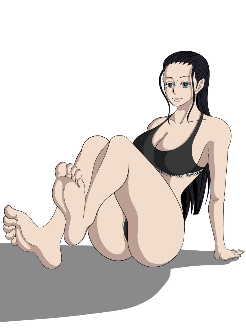 1girls 2d ass barefoot black_hair blacked blacked_clothing breasts feet feet_up female female_only foot_fetish foot_focus hemoglobin_56 large_breasts light-skinned_female nico_robin no_penetration one_piece post-timeskip solo solo_female solo_focus