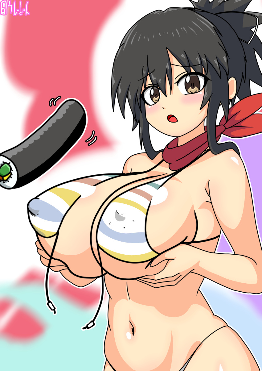 abstract_background artist_signature asuka_(senran_kagura) bikini blush brown_eyes brown_hair covered_nipples eyebrows_visible_through_hair futomaki_roll hair_ribbon holding_breasts large_breasts looking_at_viewer marvelous navel open_mouth scarf senran_kagura senran_kagura_(series) senran_kagura_burst senran_kagura_estival_versus senran_kagura_new_link senran_kagura_shinovi_versus skindentation striped_bikini sushi udodon wardrobe_malfunction