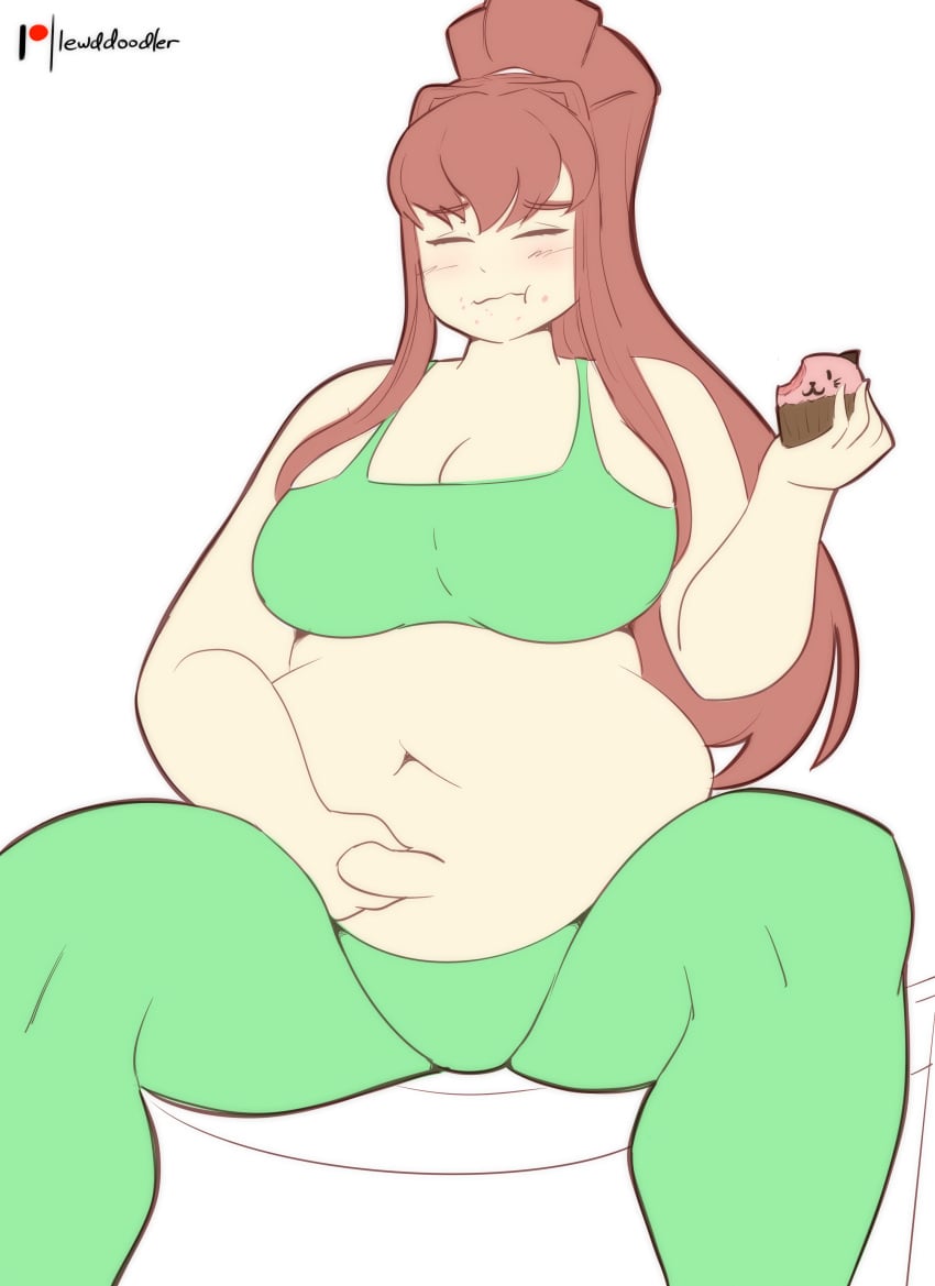 1girls bbw belly big_belly big_breasts breasts chubby chubby_female closed_eyes clothing cupcake doki_doki_literature_club eating fat female female_only huge_belly lewddoodler light-skinned_female light_skin long_hair monika_(doki_doki_literature_club) overweight sitting solo white_background white_bow