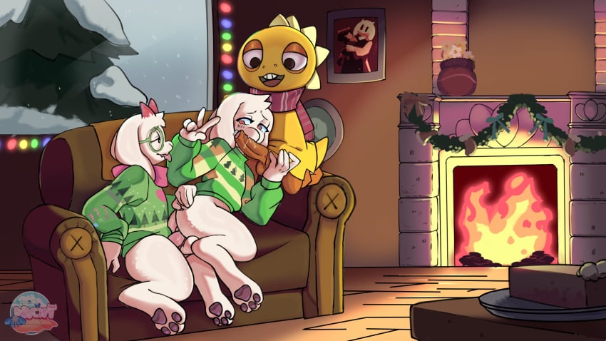 ambiguous_gender anal anthro anthro_penetrated asriel_dreemurr ass balls balls_touching bodily_fluids bovid caprine christmas christmas_clothing clothing cum cum_inside deltarune dinosaur fireplace fur genital_fluids genitals goat group hi_res holidays humanoid leaking_cum male male/male mammal monster monster_kid nyarii penetration penis ralsei reptile scalie sex tail trio trio_focus undertale undertale_(series) white_body white_fur