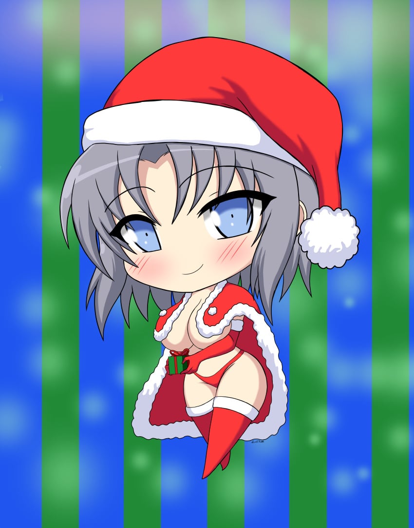 abstract_background blue_eyes blush cape chibi christmas christmas_present cloak eyebrows_visible_through_hair grey_hair lingerie looking_at_viewer santa_hat santa_lingerie senran_kagura smile soulkibble yumi_(senran_kagura)