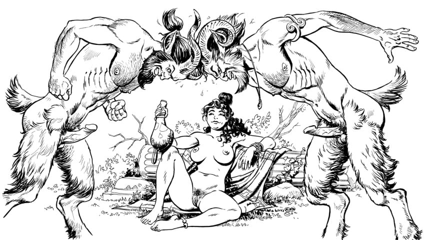 1girls 2boys anklet armlet bacchante beard black_hair bracelet casual casual_erection casual_exposure casual_nudity completely_nude completely_nude_female completely_nude_male curly_hair drinking drunk erection facial_hair female goat greek_mythology grin hairy_chest hairy_male headbutt horn horned_humanoid horns human humanoid large_breasts leaning_on_pillar light-skinned_female light_skin lipatov long_hair male monochrome monster_boy multiple_boys mythology penis pubic_hair purr-hiss satyr sitting smirk watching