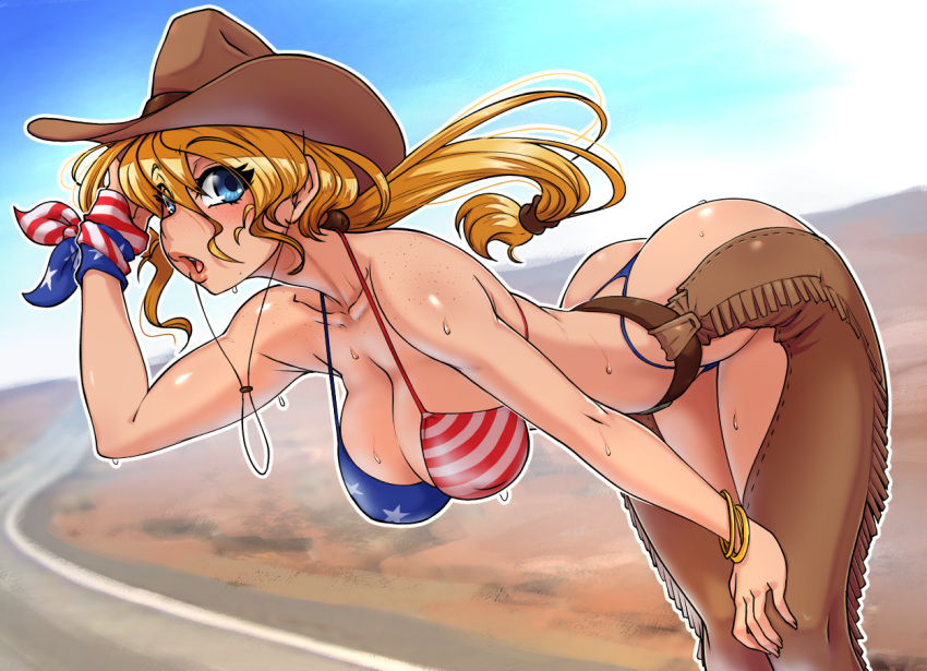 1girls american_flag american_flag_bikini ass bent_over big_breasts blonde_hair blue_eyes blush cowboy_hat cowgirl female female_focus female_only hat kawa-v large_breasts long_hair looking_at_viewer nipples_visible_through_clothing solo solo_female sweat thighs underwear